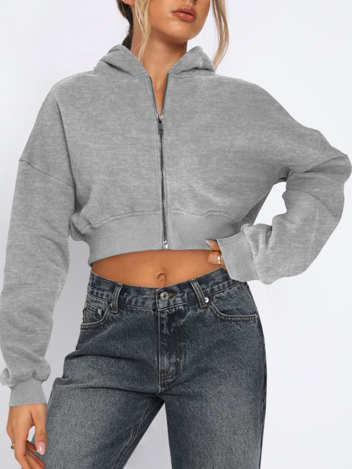 Zip Up Long Sleeve Hooded Cropped Jacket - Charming Charlie