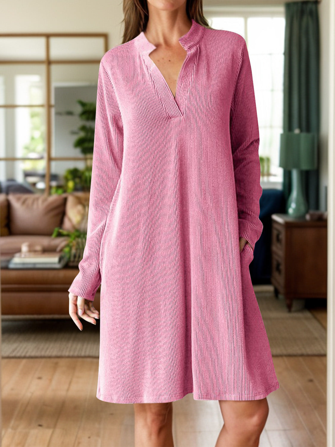 Notched Long Sleeve Mini Dress with Pockets - Charming Charlie