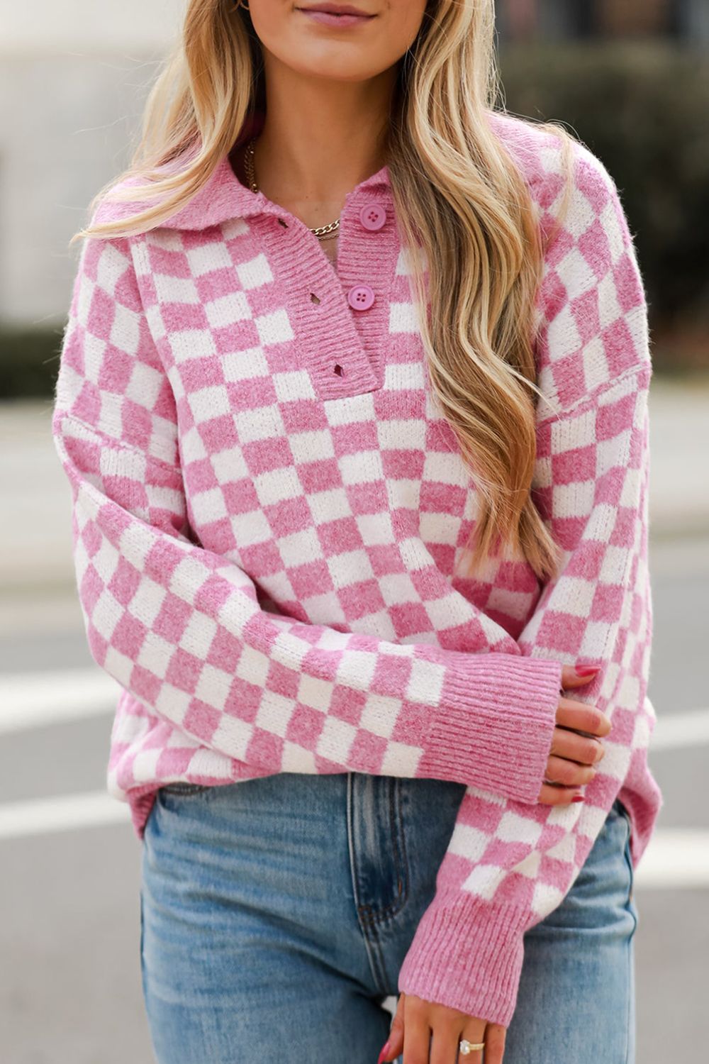 Checkered Collared Neck Long Sleeve Sweater - Charming Charlie