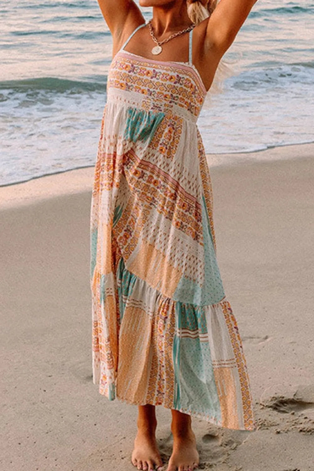Smocked Back Printed Square Neck Maxi Cami Dress with Pockets
