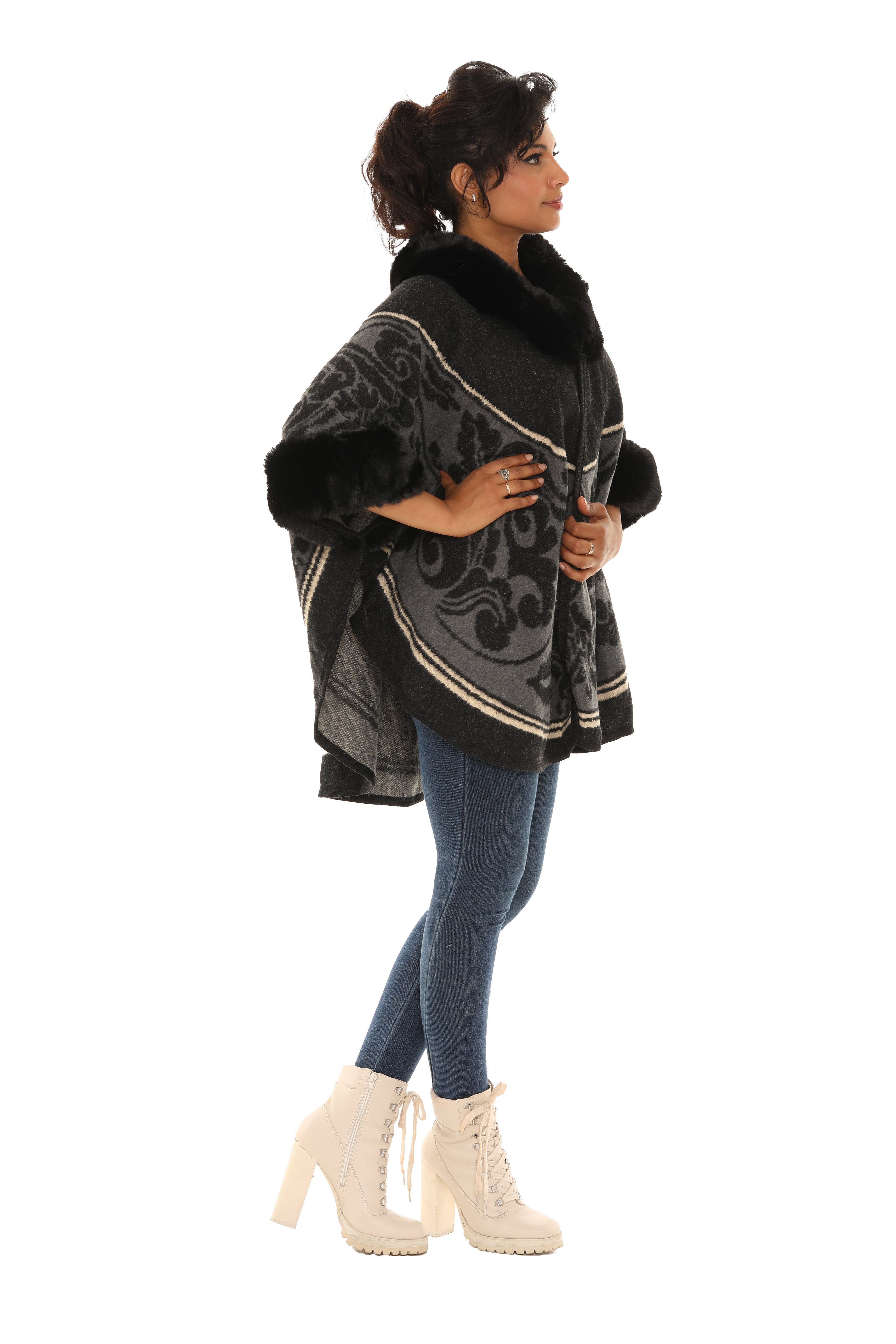 Faux Fur Trimmed Retro Floral Print Black and Gold Poncho - Charming Charlie