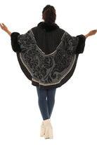 Faux Fur Trimmed Retro Floral Print Black and Gold Poncho - Charming Charlie