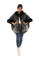 Faux Fur Trimmed Retro Floral Print Black and Gold Poncho - Charming Charlie