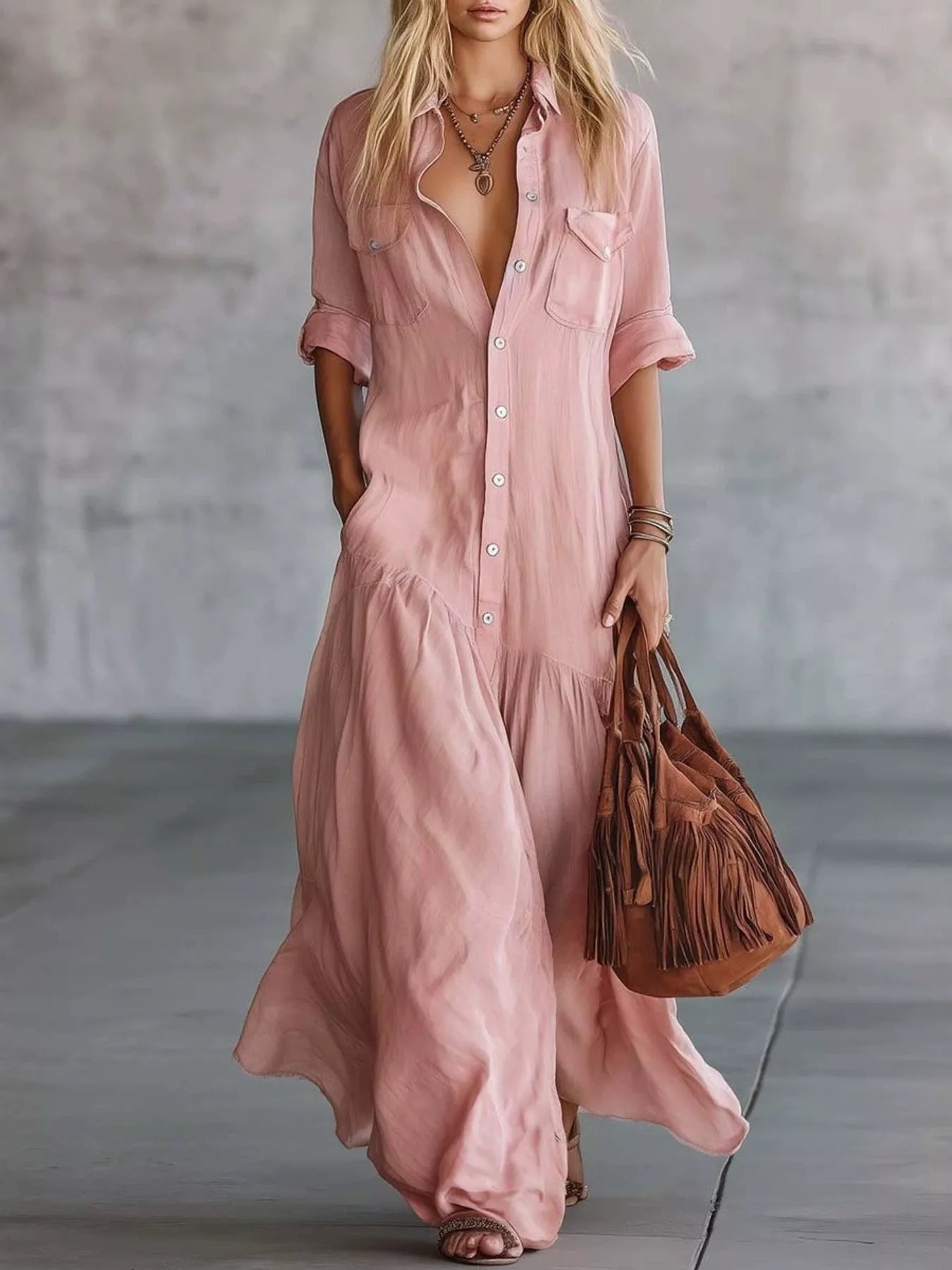 Full Size Button Front Roll-Up Sleeve Maxi Dress Plus Size Pink / M
