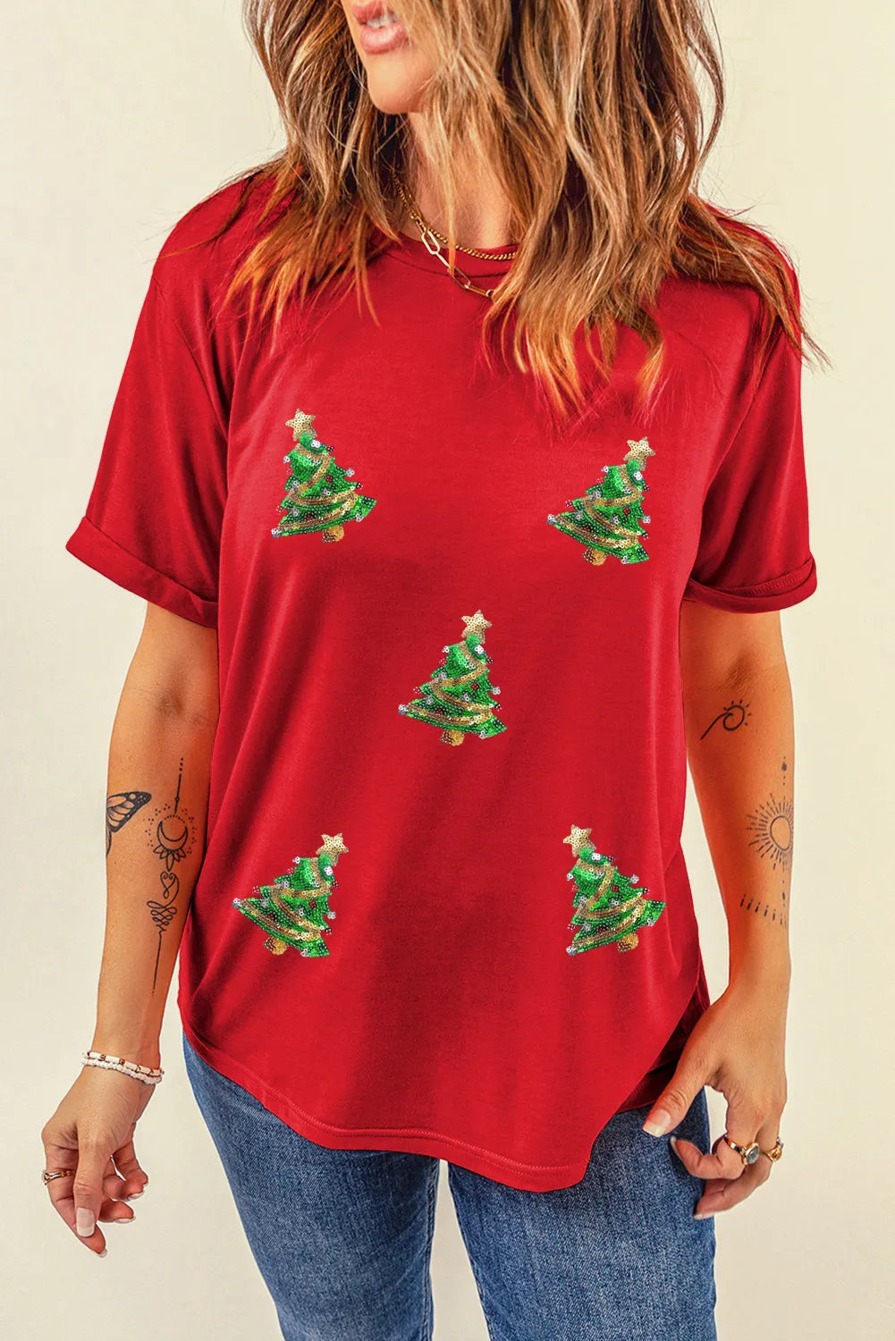 Sequin Christmas Tree Round Neck Short Sleeve T-Shirt - Charming Charlie