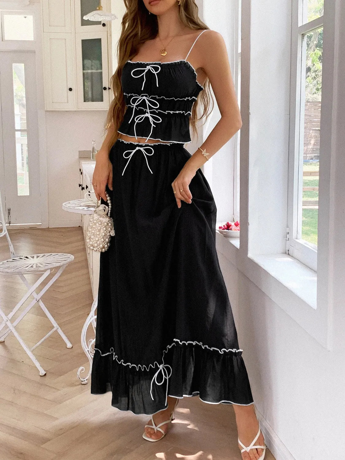 Perfee Frill Printed Square Neck Midi Cami Dress