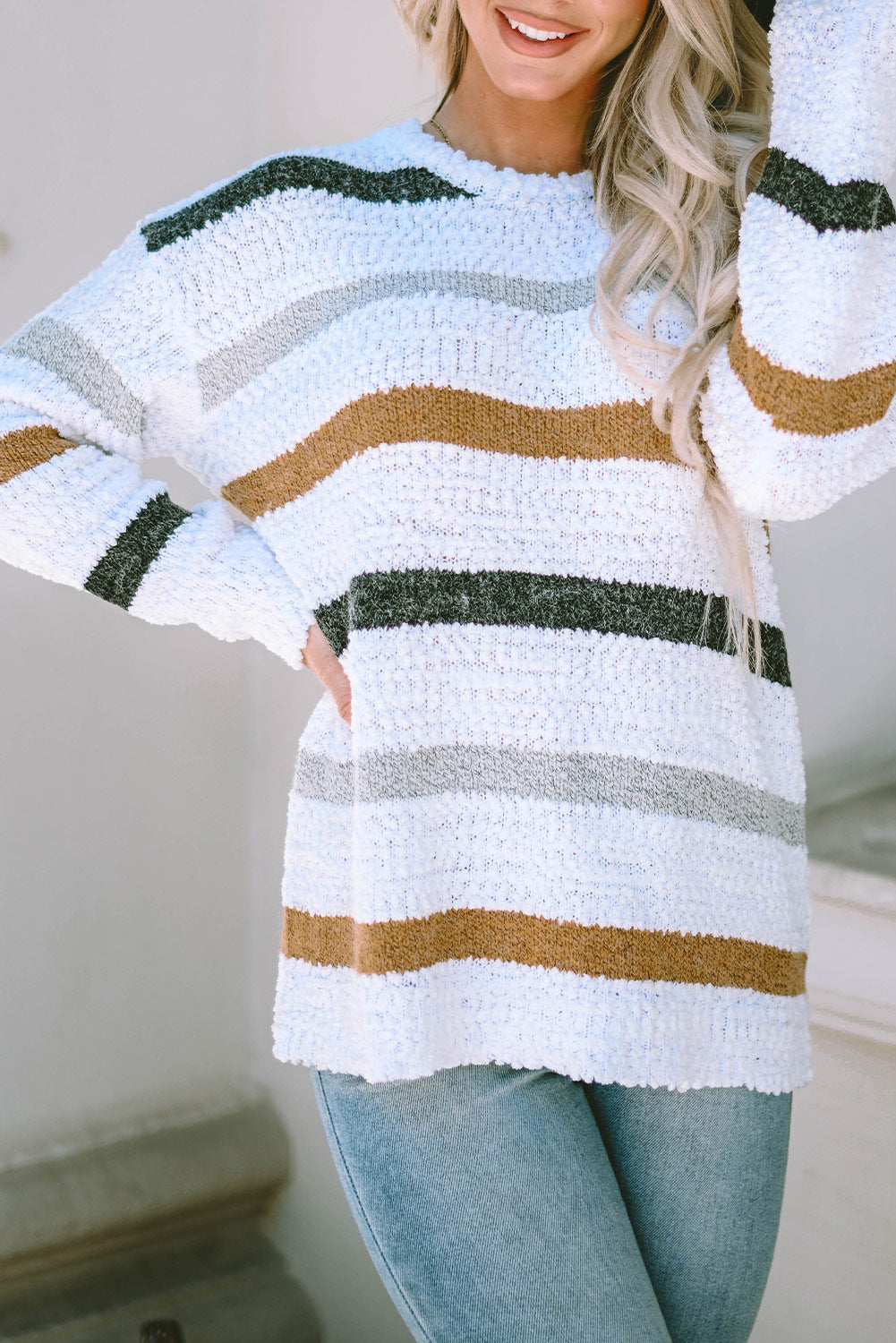 Striped Round Neck Dropped Shoulder Sweater - Charming Charlie