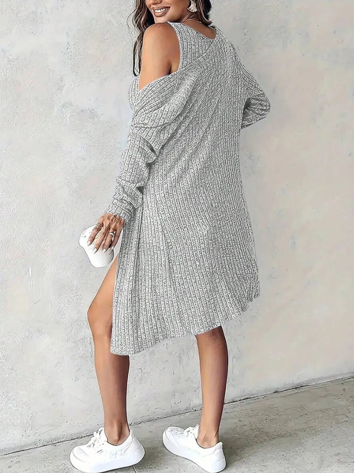 women's light pink off the shoulder dress for prom Ribbed Button Front Dress and Cardigan Sweater Set Black / M