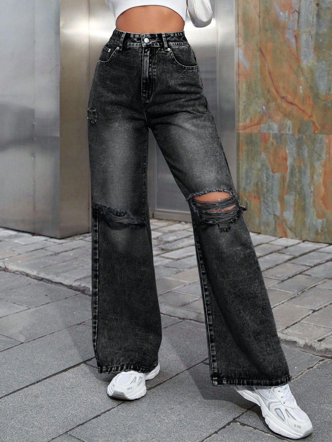 Distressed Wide Leg Jeans with Pockets - Charming Charlie