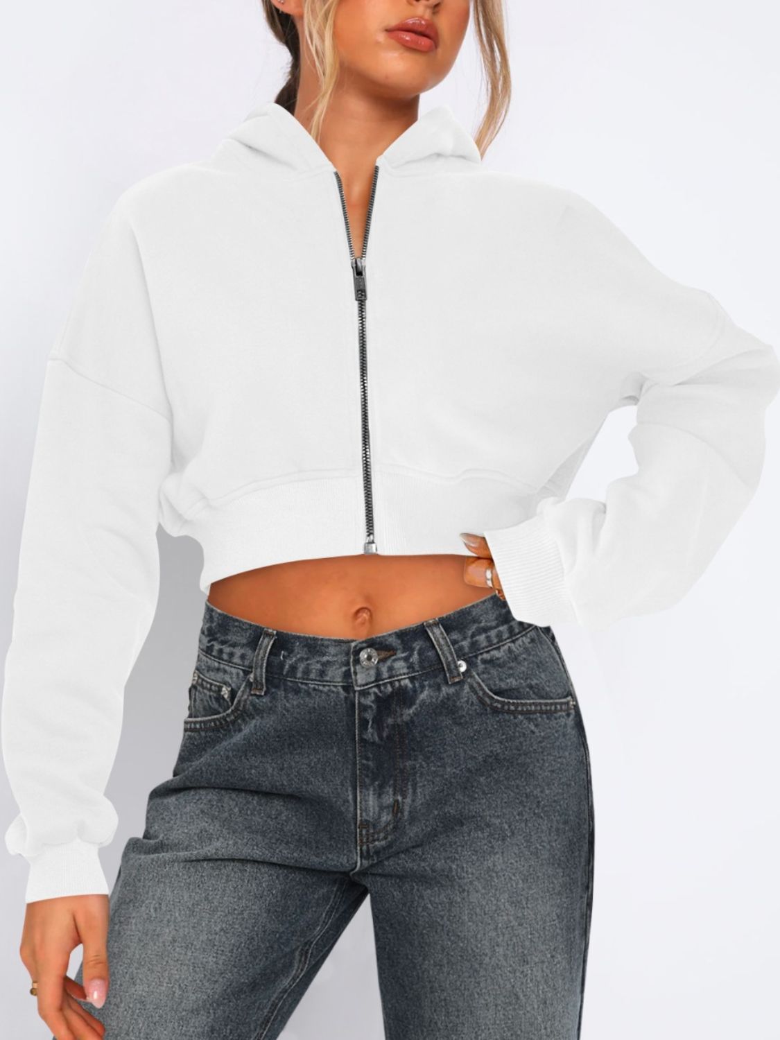 Zip Up Long Sleeve Hooded Cropped Jacket - Charming Charlie