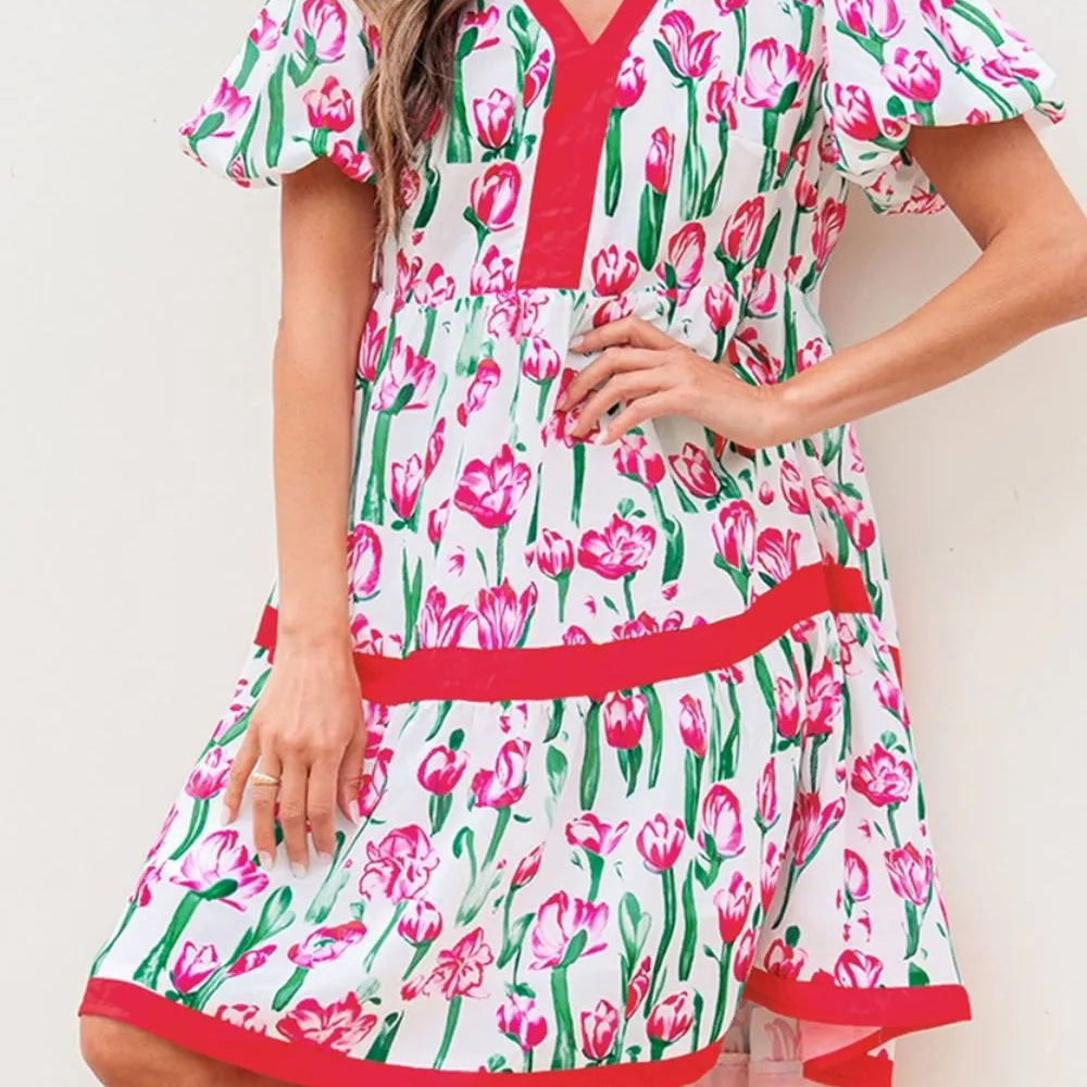 Floral Print Contrast Trim V Neck Bubble Short Sleeve Babydoll Dress Strawberry / XL Floral Print Contrast Trim V Neck Bubble Short Sleeve Babydoll Dress Strawberry / XL