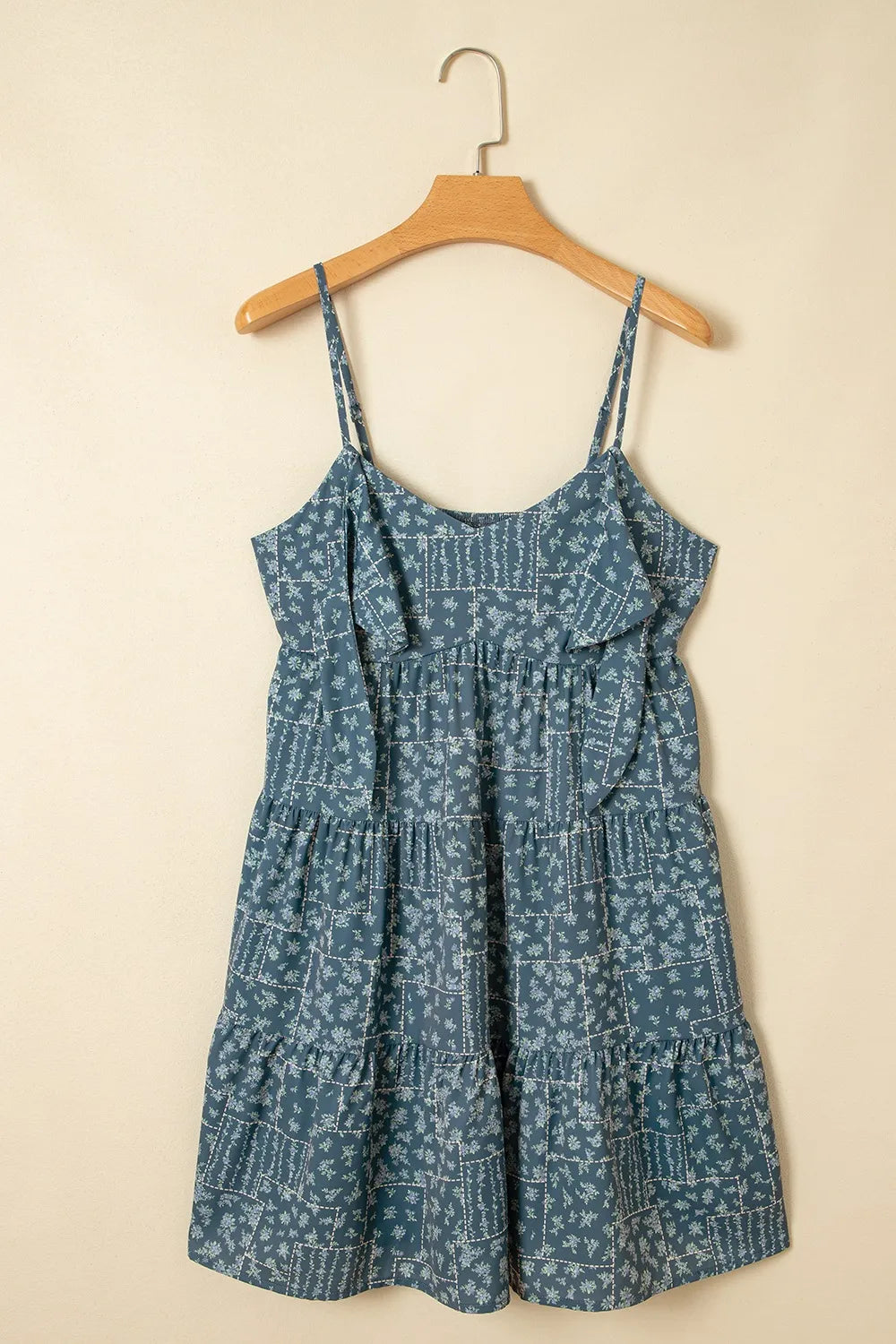 hanna rayon scallop babydoll mini dress Spaghetti Straps Floral Print Knot Detail High Waist Flared Dress Dusty Blue / M