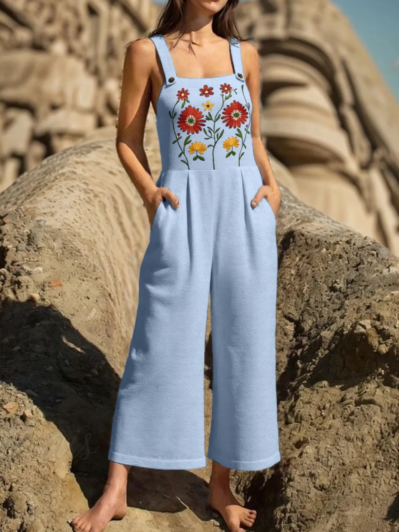 Floral Embroidered Wide Leg Jumpsuit – Charming Charlie