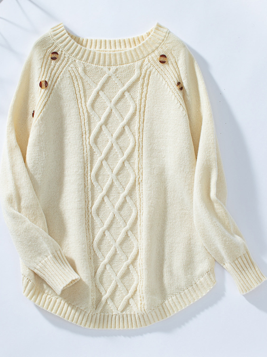 Decorative Button Round Neck Raglan Sleeve Sweater - Charming Charlie