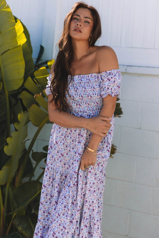 Purple Floral Short Bubble Sleeve Shirred High Waist Maxi Dress Purple / L / 100%Polyester