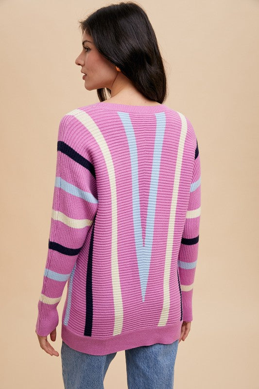 Annie Wear Chevron Stripe Round Neck Ribbed Sweater - Charming Charlie