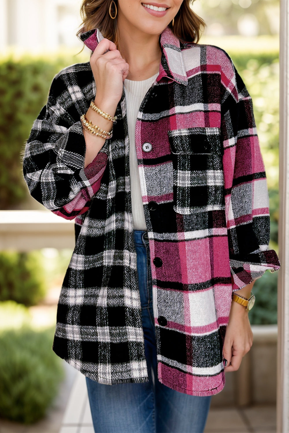 Pocketed Plaid Collared Neck Long Sleeve Shacket - Charming Charlie