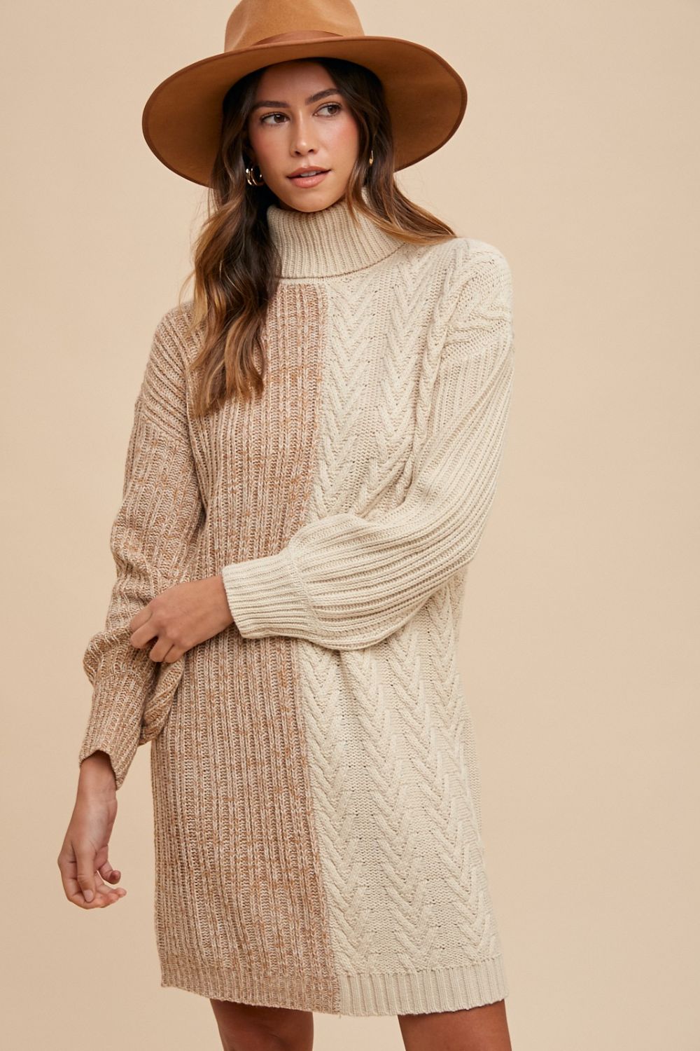 Annie Wear Color Block Turtleneck Sweater Dress - Taupe / S Annie Wear Color Block Turtleneck Sweater Dress - Taupe / S