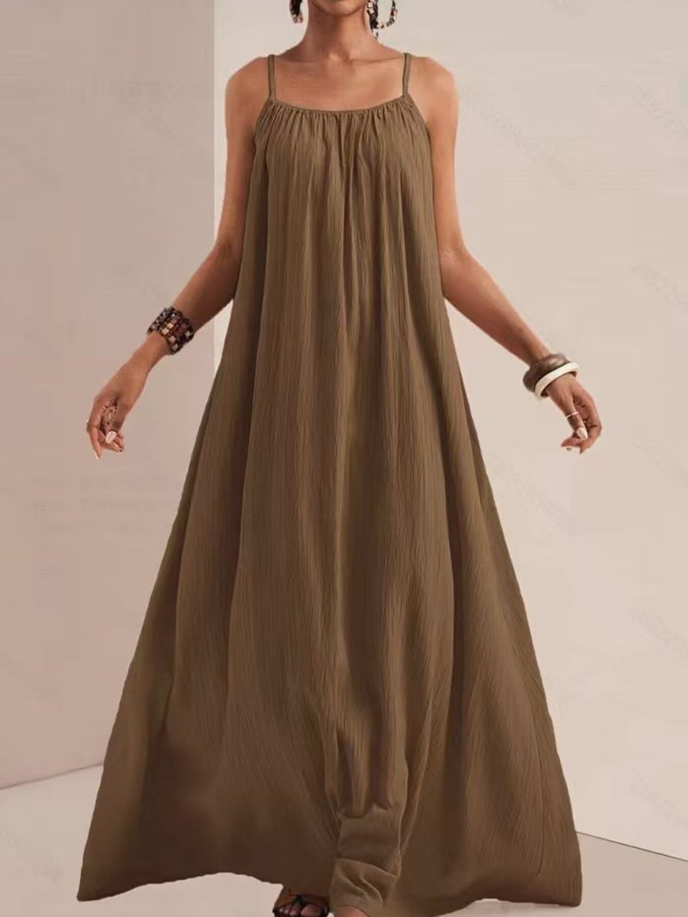 Spaghetti Strap Flowy Maxi Dress Brown / 2XL Spaghetti Strap Flowy Maxi Dress Brown / 2XL