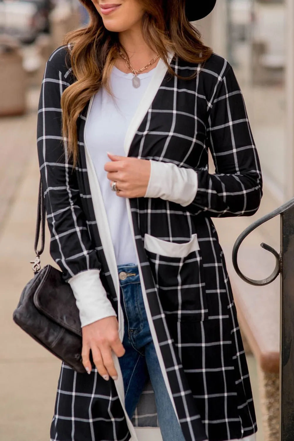 Plaid Open Front Long Sleeve Cover Up - Charming Charlie