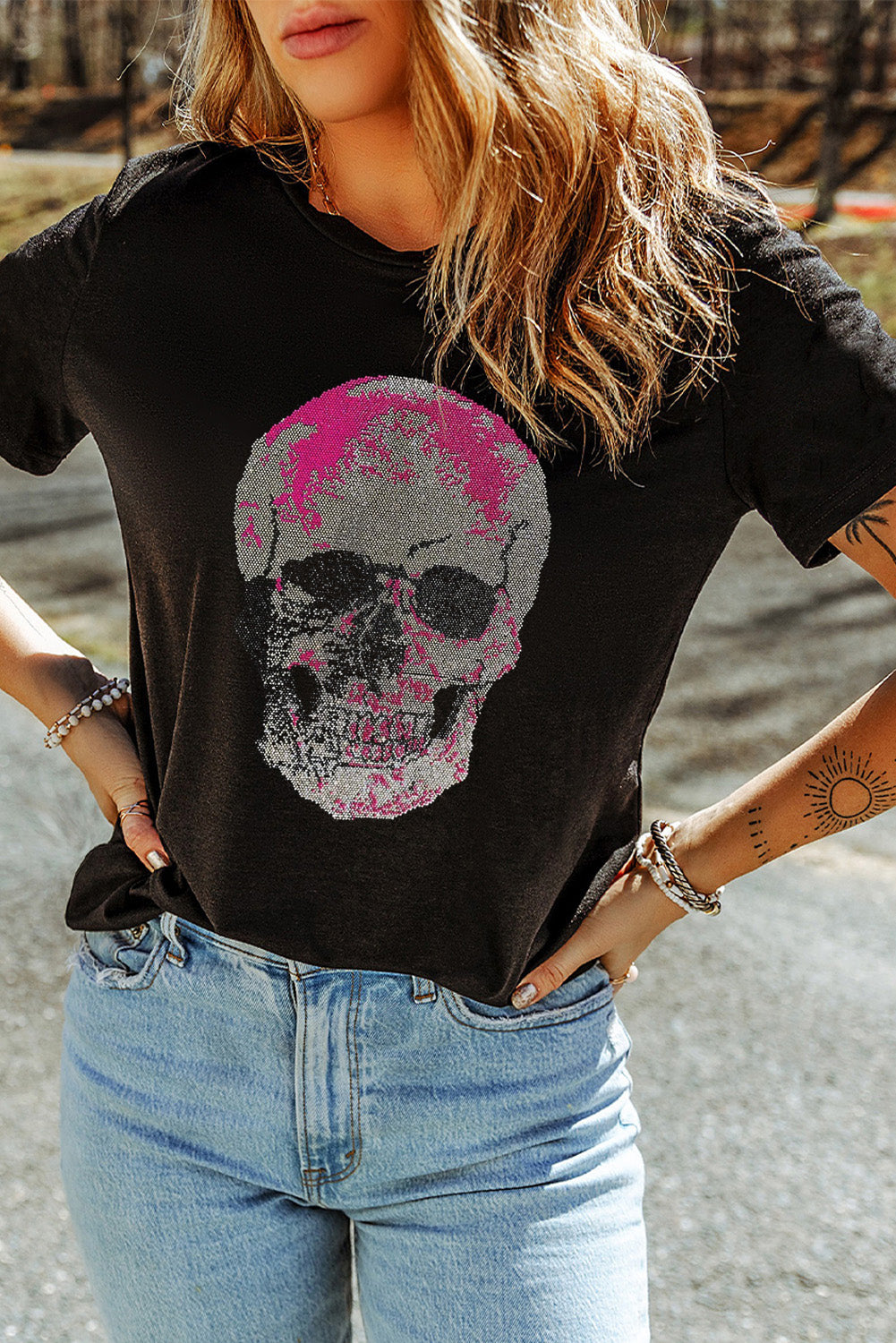 Skull Round Neck Short Sleeve T-Shirt - Charming Charlie