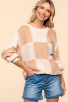 Haptics Full Size Checkered Round Neck Drop Shoulder Sweater - Charming Charlie
