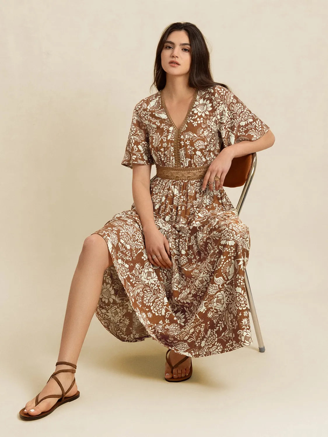 brown short sleeve midi dress Lace Detail Printed Short Sleeve Midi Dress Camel / M