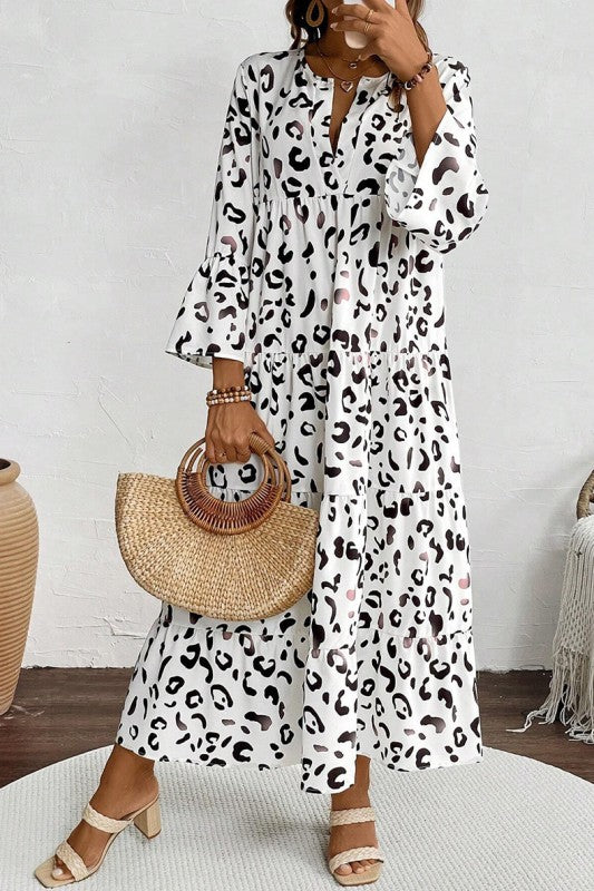 Leopard Print Notch V Neck Loose Fit Maxi Dress White / M Leopard Print Notch V Neck Loose Fit Maxi Dress White / M