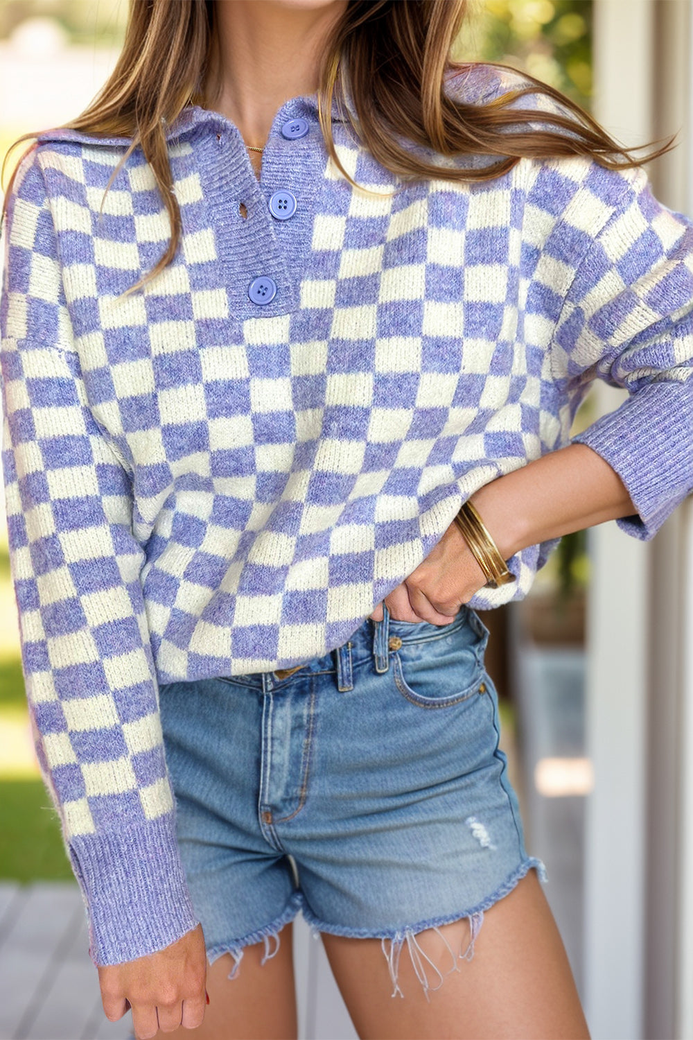 Plus Size Checkered Collared Neck Long Sleeve Sweater - Charming Charlie