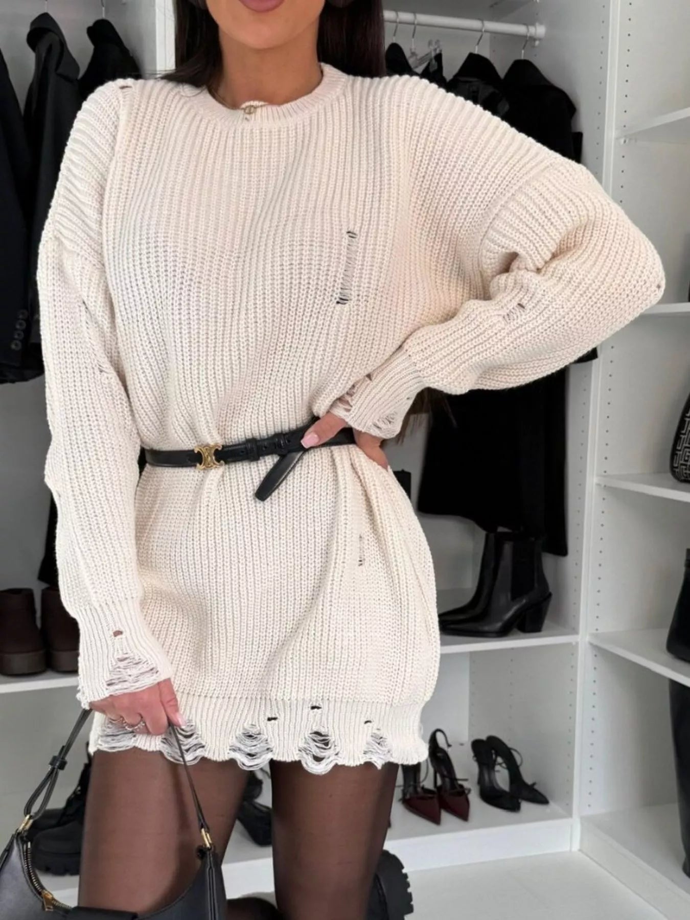 Distressed Round Neck Drop Shoulder Sweater Dress Grey / M Distressed Round Neck Drop Shoulder Sweater Dress Grey / M