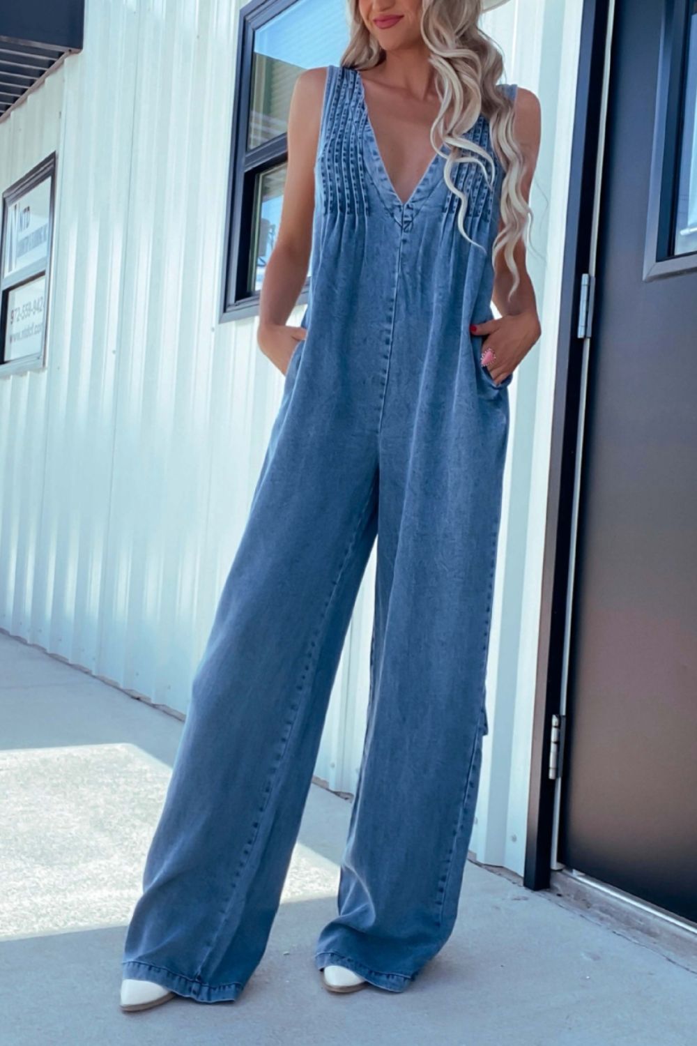 V-Neck Wide Leg Denim Jumpsuit – Charming Charlie