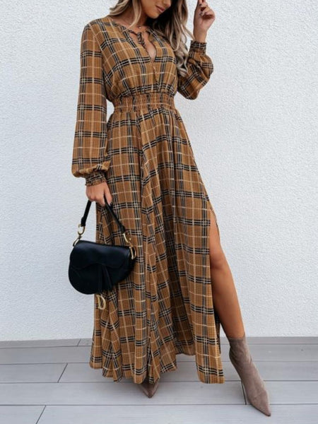 Long sleeve plaid maxi dress best sale