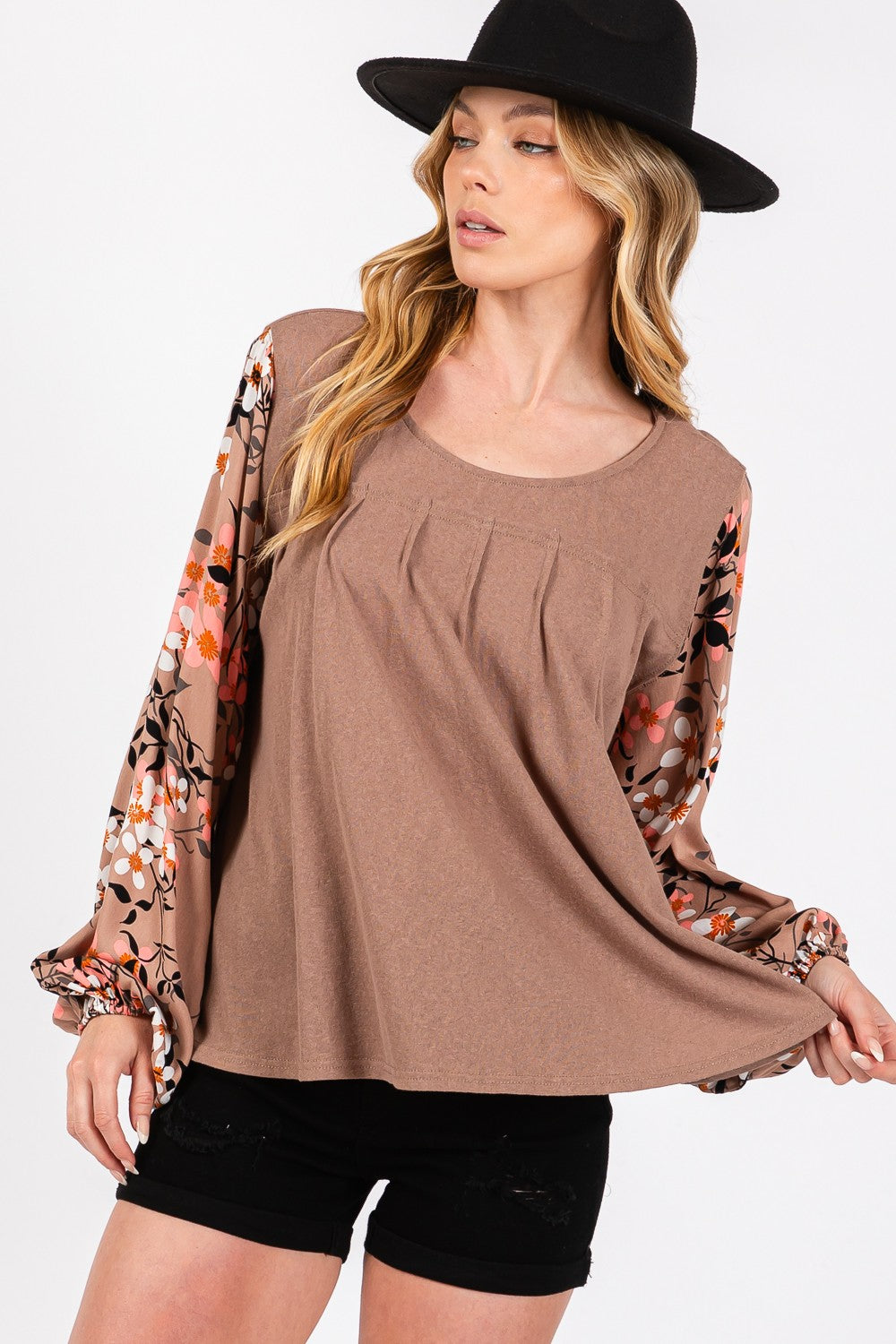 SAGE + FIG Floral Long Sleeve Front Pleated Detail Blouse - Charming Charlie
