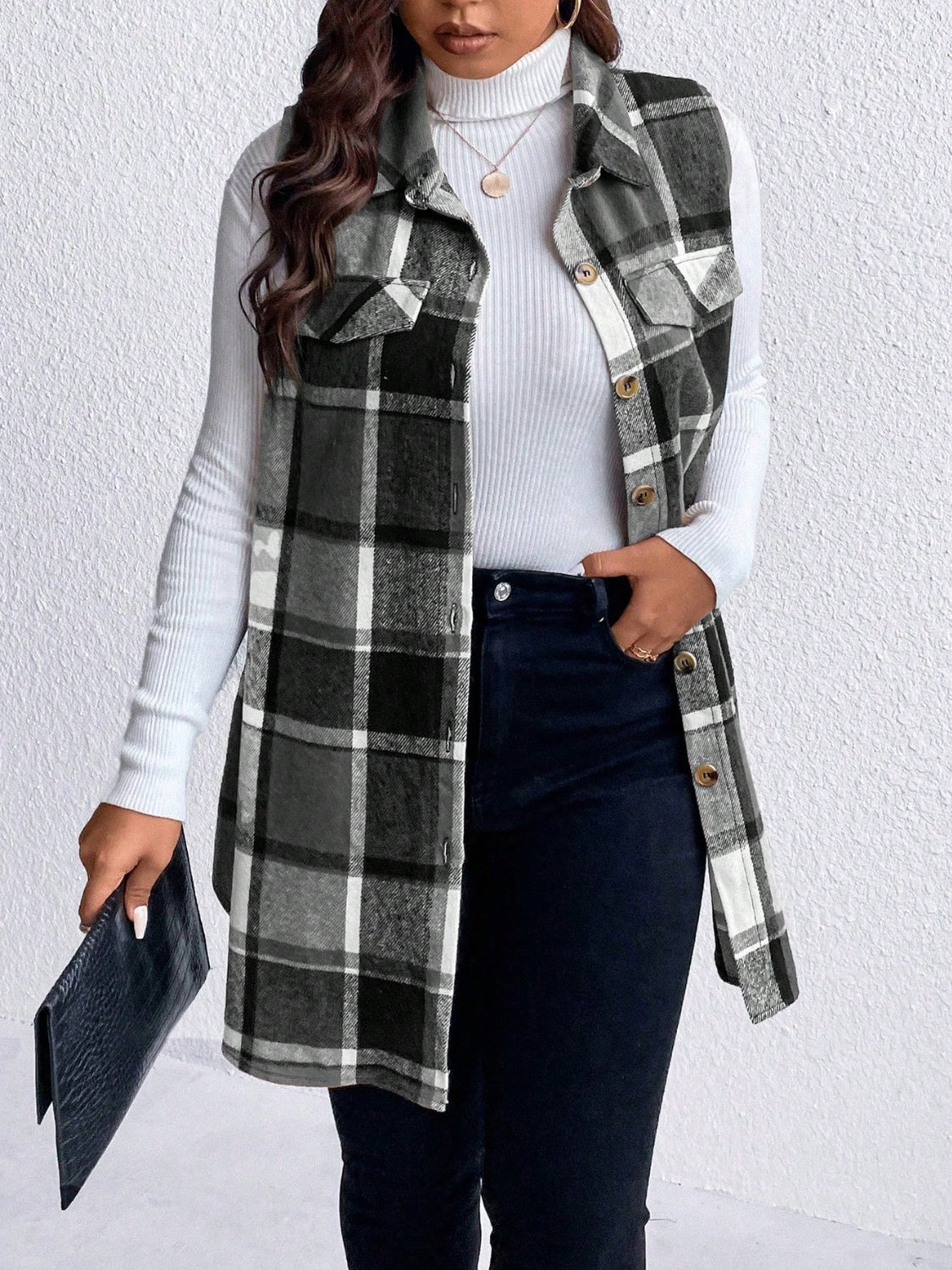 Honey Plus Size Pocketed Plaid Button Up Vest Coat - Charming Charlie