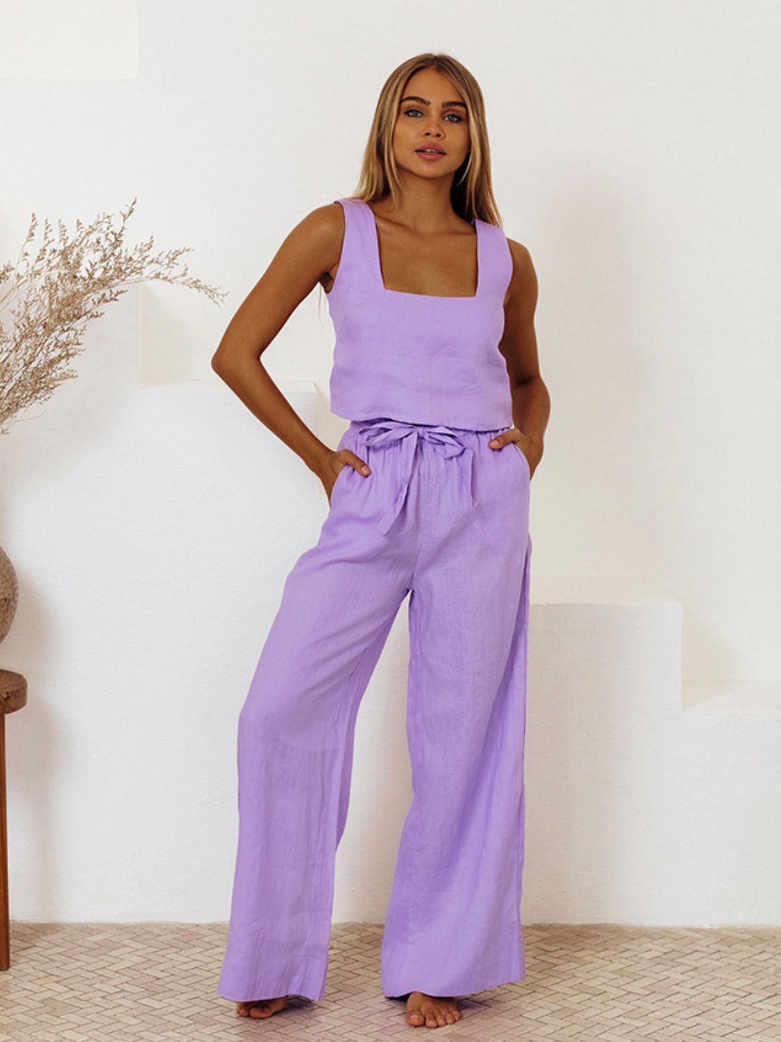 Square Neck Sleeveless Top and Pants Set - Charming Charlie