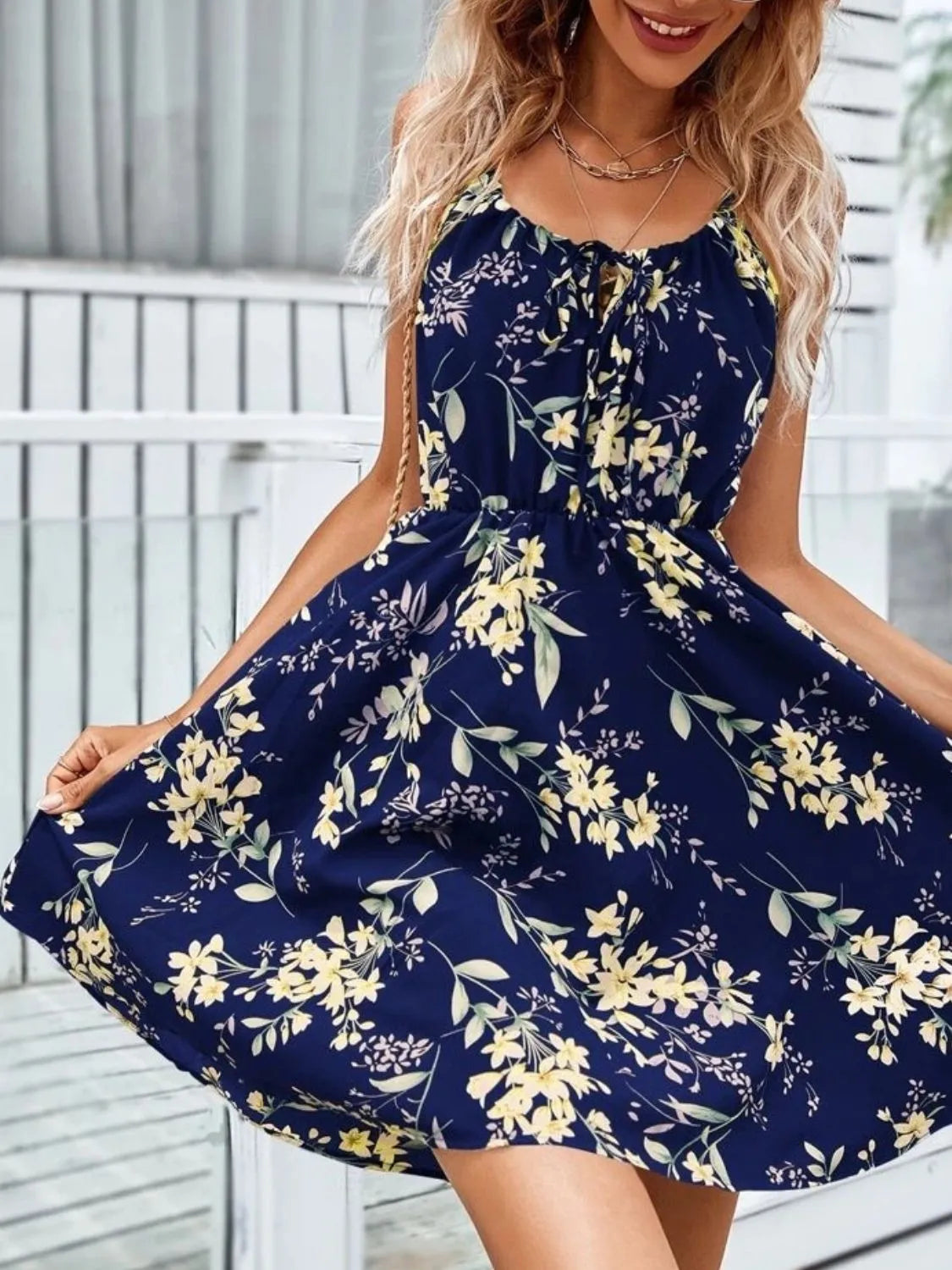 Floral Print Spaghetti Strap Summer Mini Dress Dark Blue / M Floral Print Spaghetti Strap Summer Mini Dress Dark Blue / M