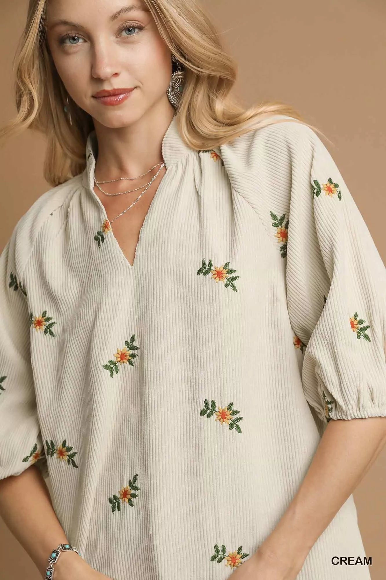 Umgee Corduroy Floral Embroidered Puff Sleeve Blouse – Charming