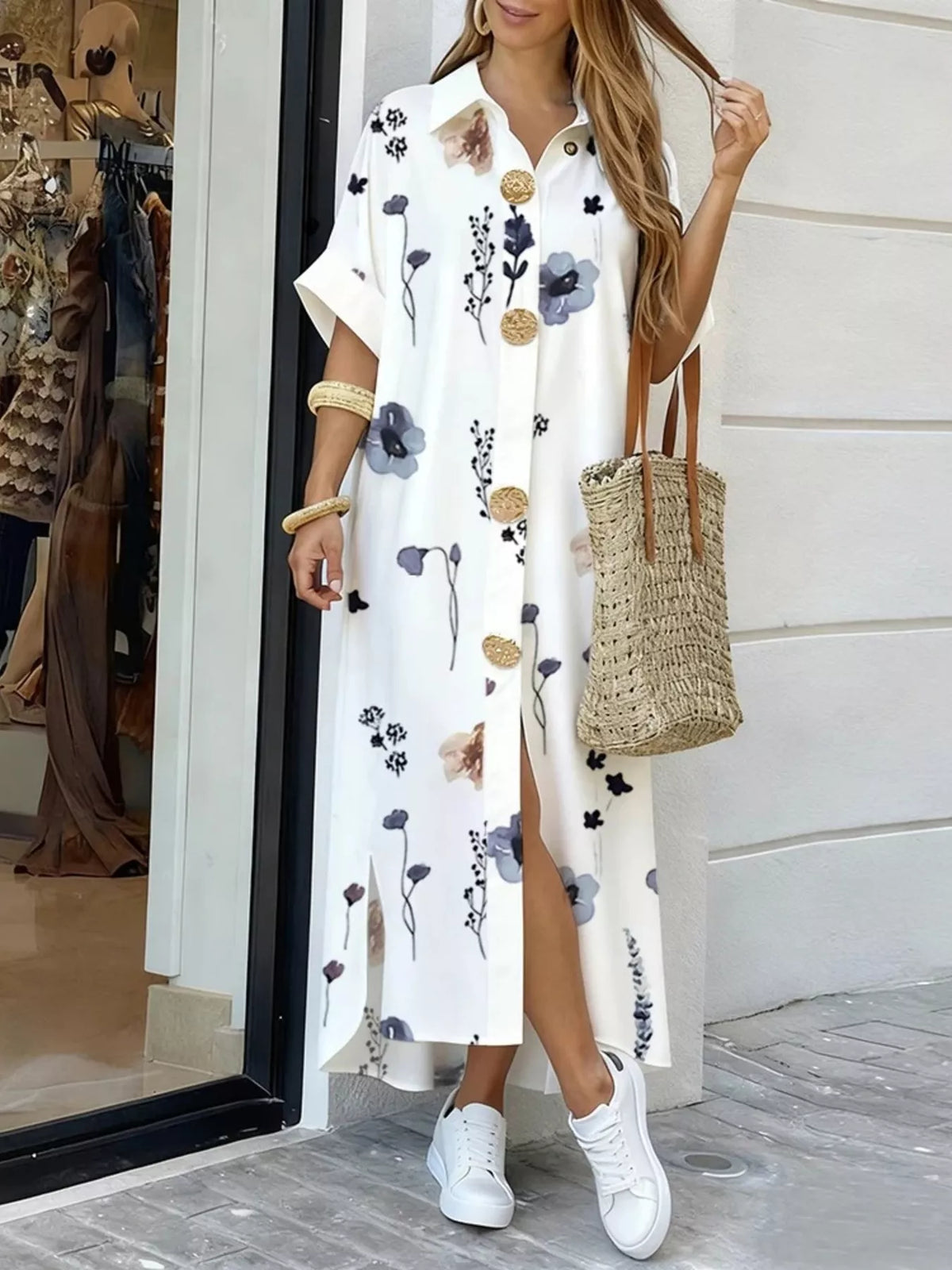 floral shirt dress maxi Print Button-Down Elegant maxi shirt dress Movie with a women Length:150 cm GBP-Inc-AUD-NC