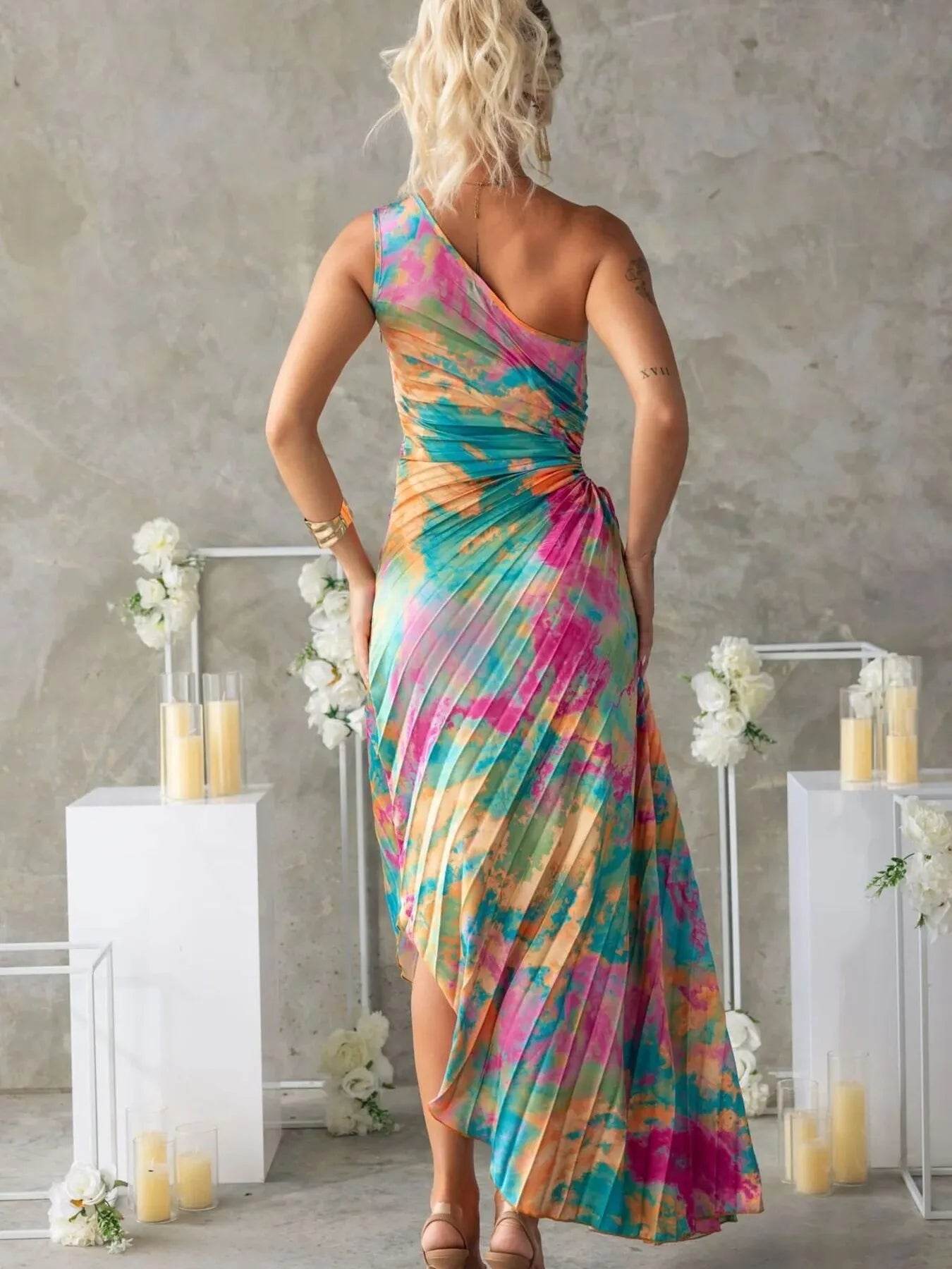Printed One Shoulder Asymmetrical Maxi Dress Red / XL Printed One Shoulder Asymmetrical Maxi Dress Red / XL
