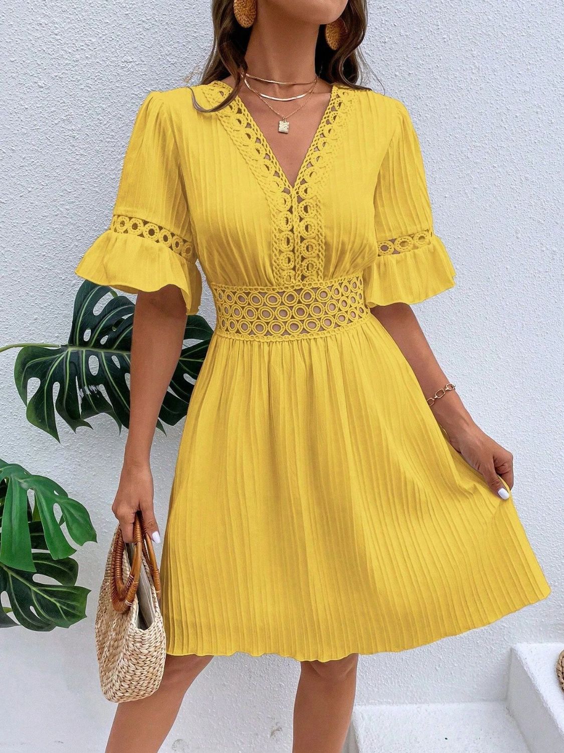 Cutout V-Neck Flounce Sleeve Mini Dress - Charming Charlie
