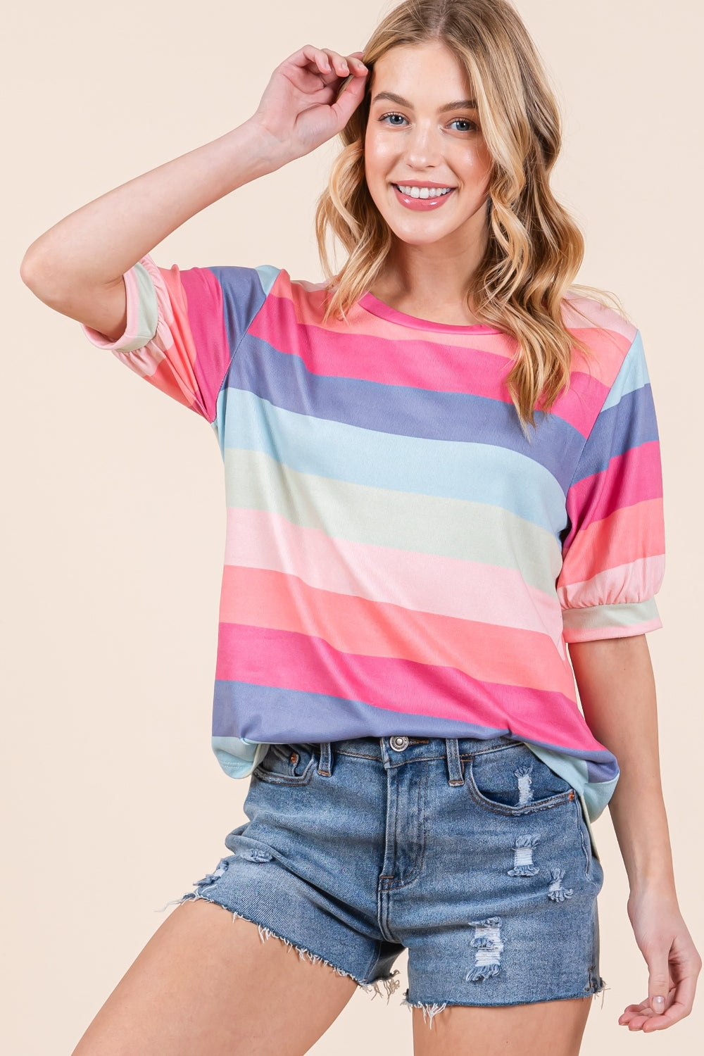 BOMBOM Striped Round Neck Half Sleeve T-Shirt - Charming Charlie
