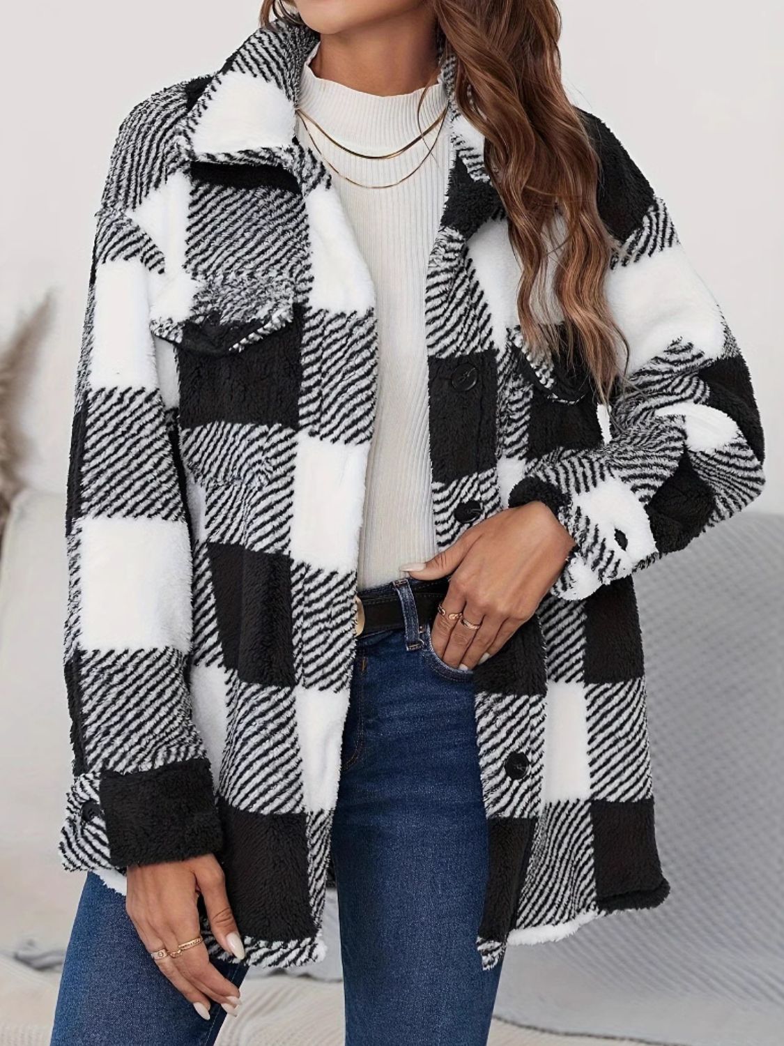 Plaid Button Up Long Sleeve Fuzzy Outerwear - Charming Charlie
