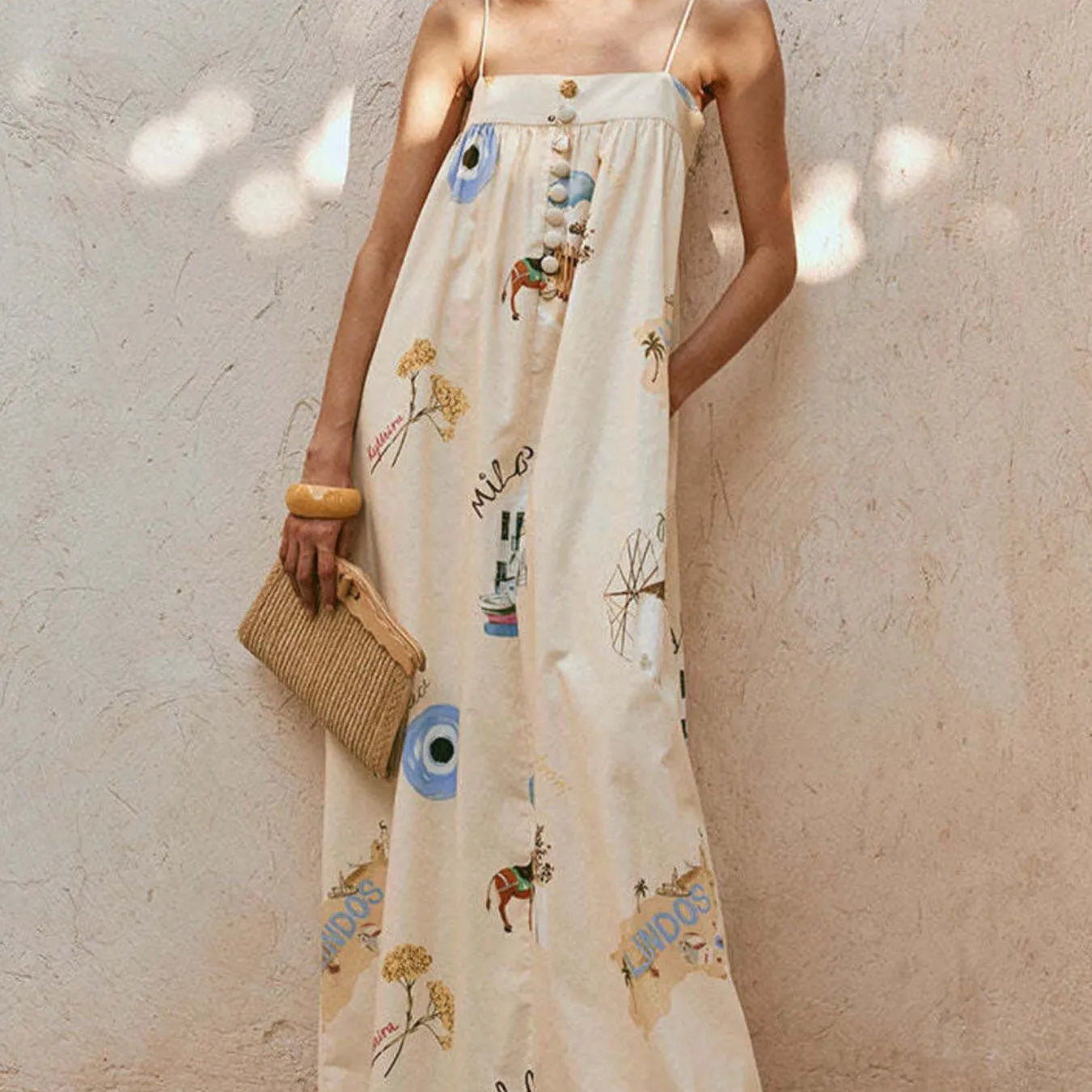cami maxi dress with pockets Bohemian Print Cami Maxi Dress with Pockets Beige / 2XL