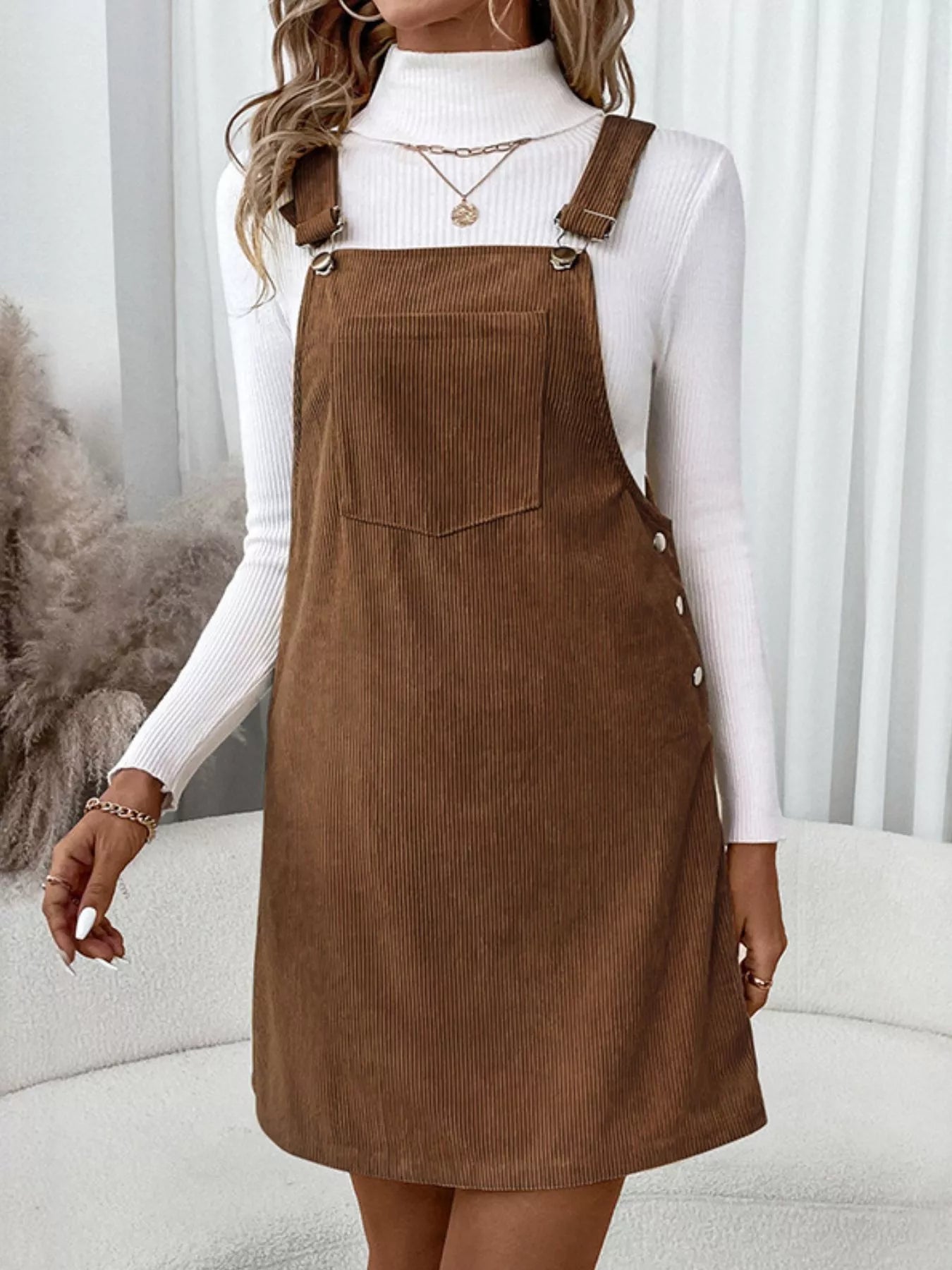 Corduroy Overall Mini Dress with Adjustable Straps Brown / XL