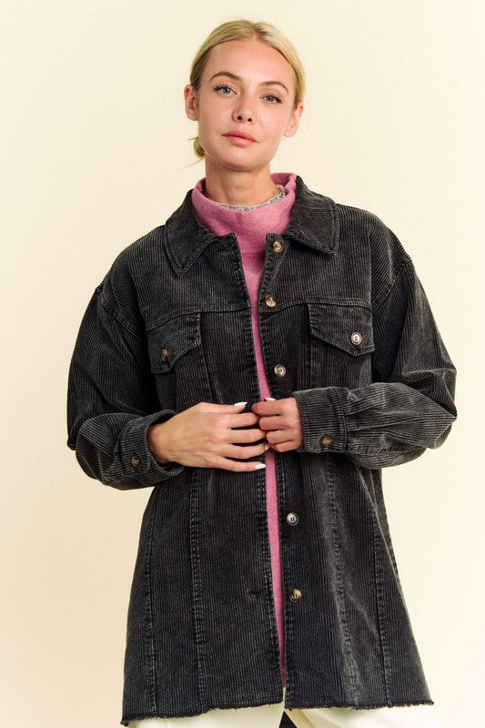 Davi & Dani Washed Corduroy Raw Hem Button Up Jacket - Charming Charlie