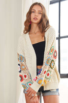 ADORA Full Size Contrast Crochet Open Front Long Sleeve Cardigan - Charming Charlie
