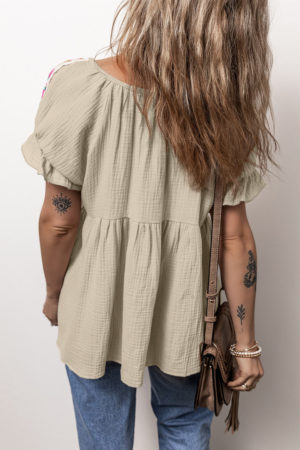 Embroidered Tie Neck Short Sleeve Blouse - Charming Charlie