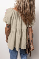 Embroidered Tie Neck Short Sleeve Blouse - Charming Charlie