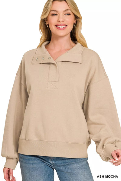 Zenana Fleece Half Snap Button Sweatshirt – Charming Charlie