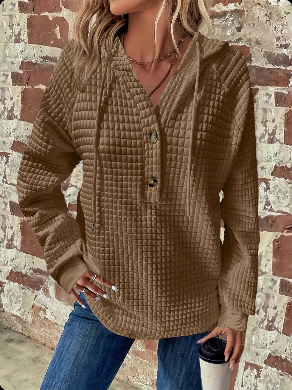 Drawstring Texture Button Up Long Sleeve Hooded Jacket
